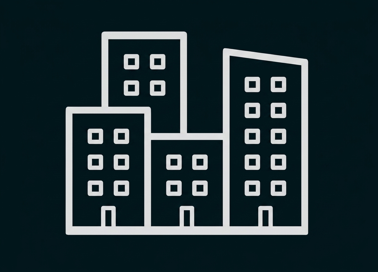 Schwarz-weiß-Icon mehrerer Hochhäuser